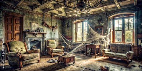 Creepy and Haunting Interior of Vintage American Abandoned House with Dusty Furniture and Cobwebs for Horror Movie Set and Halloween Decoration