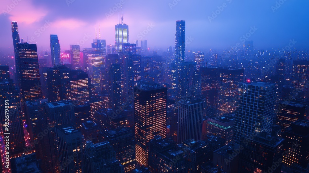 Fototapeta premium Neon-lit cityscape at dusk, blue hour casting ethereal glow on skyscrapers