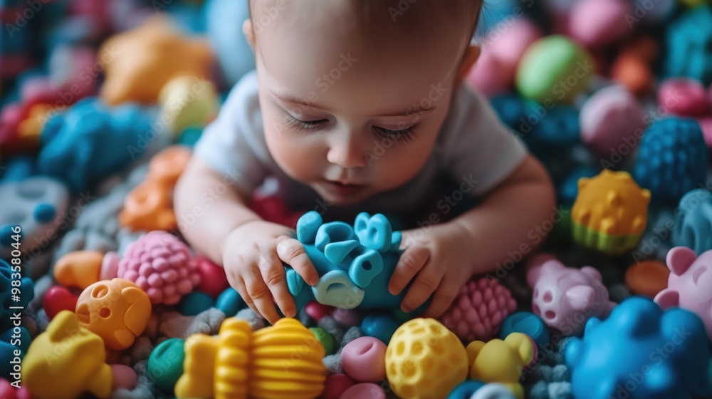 Obraz premium Infant happily playing with a set of brightly-colored, textured toys, their tiny hands exploring the various shapes and textures with delight