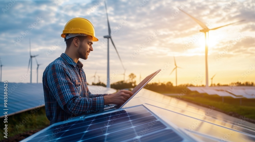 An engineer working on renewable energy systems, such as solar panels or wind turbines. An engineer working on renewable energy systems, such as solar panels or wind turbines.