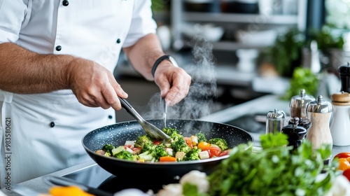 A professional chef is cooking a nutritious meal, adding fresh vegetables to a sizzling pan in a modern kitchen setting, emphasizing health and culinary skills.