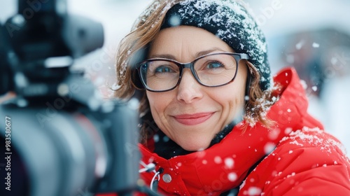 A woman wearing glasses and a red coat stands smiling in the snow while holding a camera, representing creativity and enthusiasm in capturing winter moments. photo