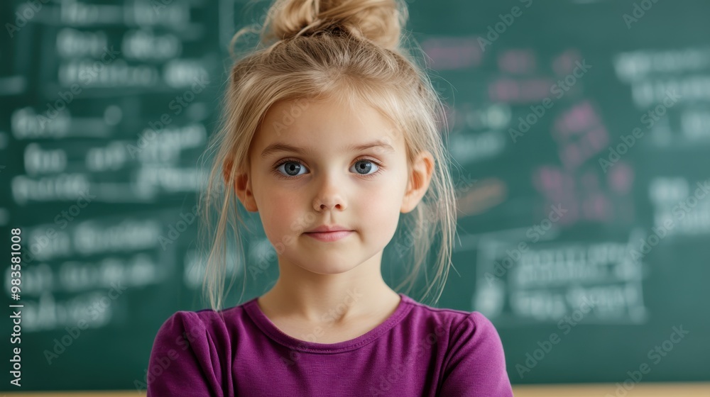A blonde girl stands with a thinking face in front of a chalk board, wearing a purple shirt, her expression reflecting curiosity and a quest for understanding. A blonde girl stands with a thinking face in front of a chalk board, wearing a purple shirt, her expression reflecting curiosity and a quest for understanding.