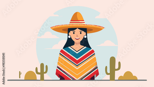 Mujer mexicana con sombrero tradicional y sarape