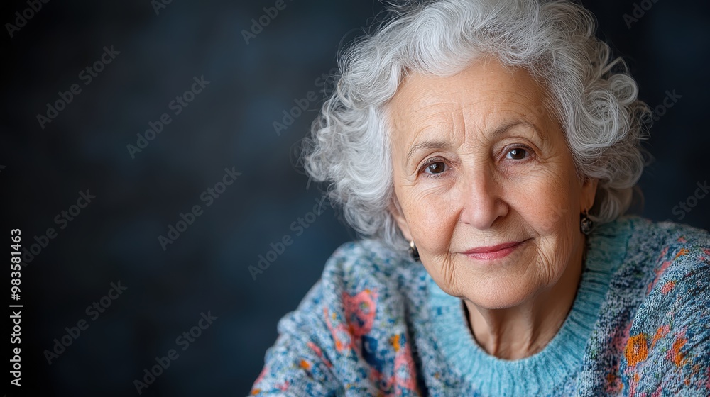 A senior woman with curly white hair wearing a floral sweater, exuding warmth and wisdom, gazes warmly into the camera against a soft, dark background. A senior woman with curly white hair wearing a floral sweater, exuding warmth and wisdom, gazes warmly into the camera against a soft, dark background.