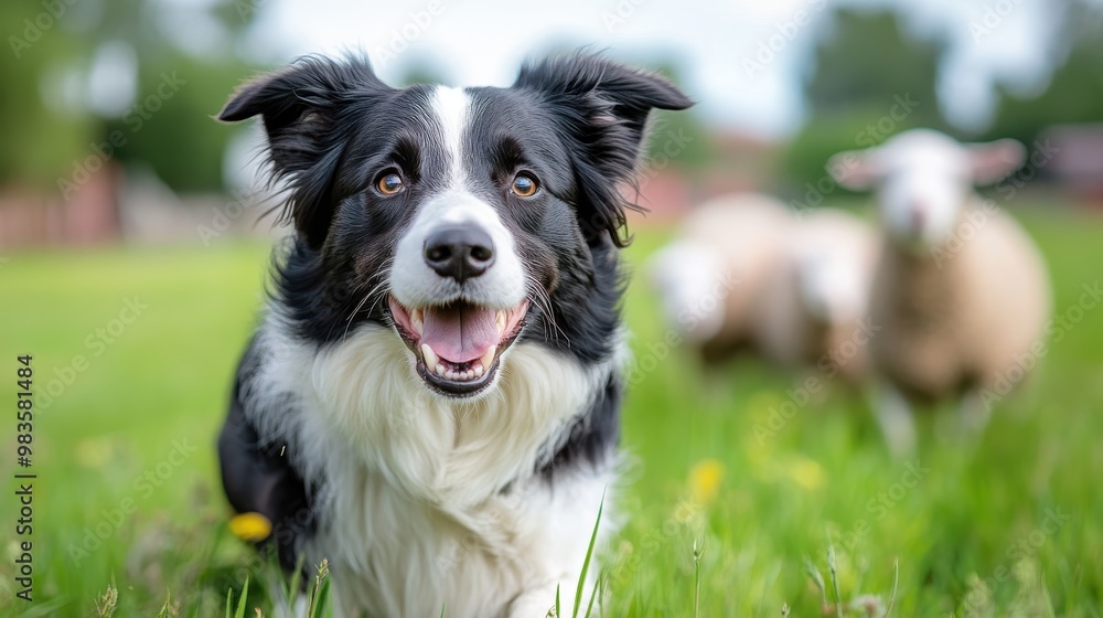 A Border Collie dog is seen attentively herding sheep in a sunny green field, showcasing its intelligence and agility while the background is blurred out for focus. A Border Collie dog is seen attentively herding sheep in a sunny green field, showcasing its intelligence and agility while the background is blurred out for focus.