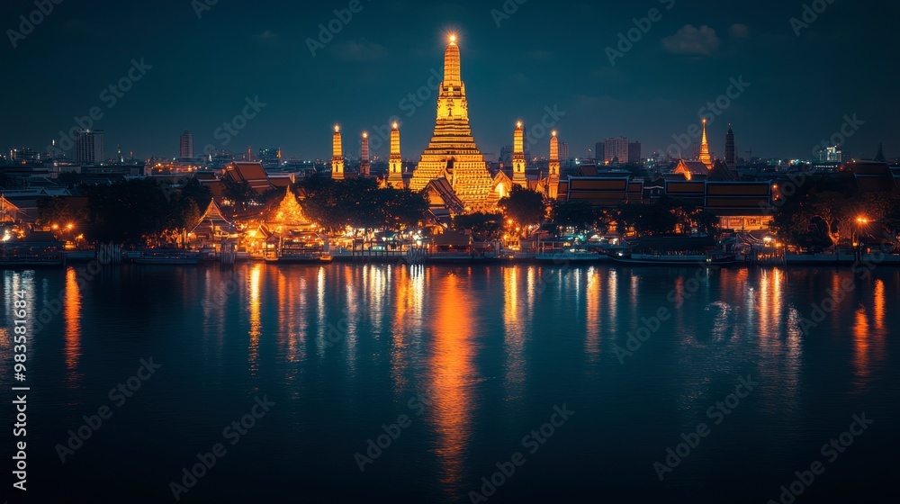 Obraz premium Majestic Wat Arun temple illuminated at night, reflecting off the Chao Phraya River.