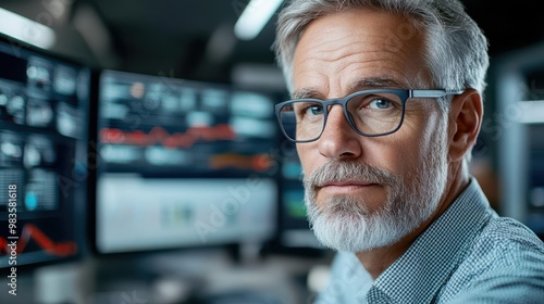 An individual is analyzing complex data on several computer screens, indicating a high level of focus and expertise in data analysis or trading in an office environment.