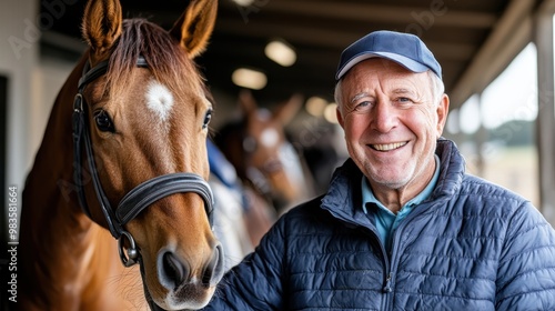 An individual in a cap standing beside a horse within a stable, highlighting the connection between people and this equine companion in a warm, welcoming scene.