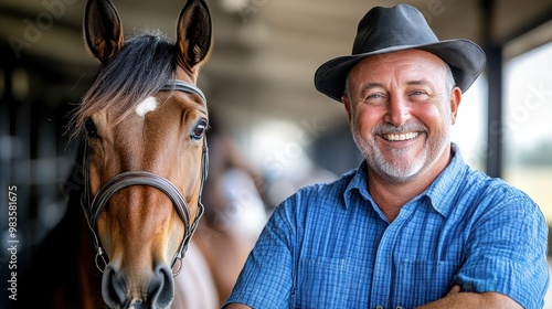 A man with a hat posing beside his horse in a stable, illustrating their companionship and the serene atmosphere of a traditional rural setting.