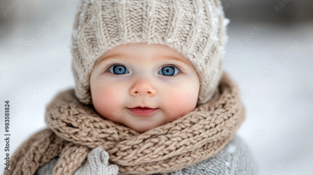 The image shows a child wearing a beige knit hat and scarf, set against a snowy background, implying warmth and coziness despite the wintry conditions. The image shows a child wearing a beige knit hat and scarf, set against a snowy background, implying warmth and coziness despite the wintry conditions.