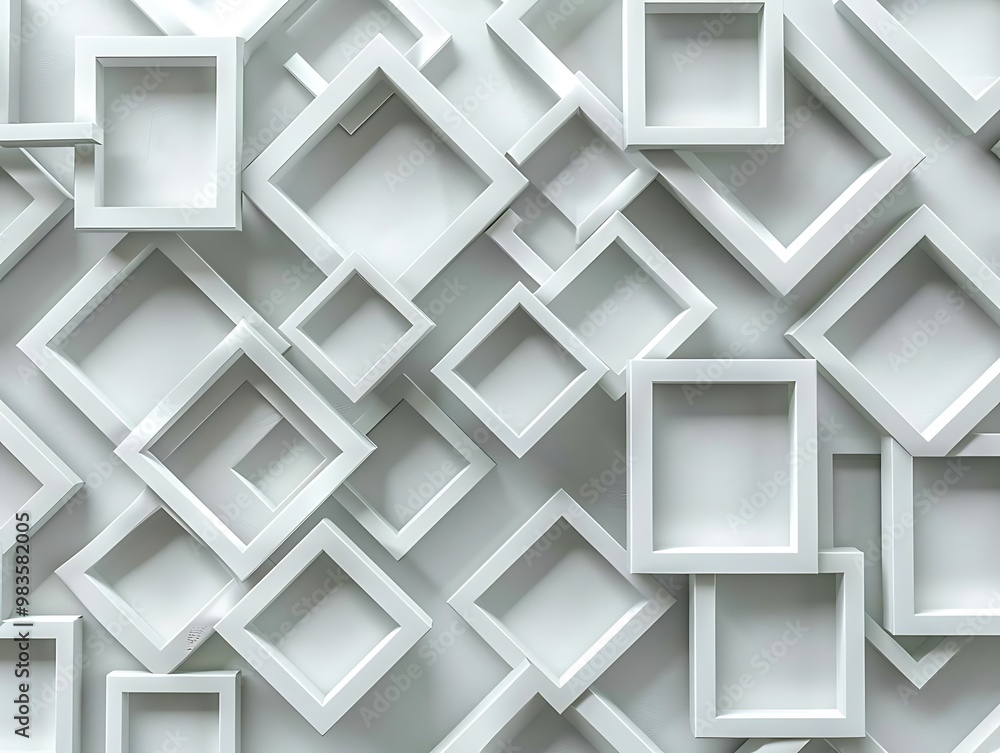 A collection of white picture frames arranged in a dynamic pattern on a light background. A collection of white picture frames arranged in a dynamic pattern on a light background.