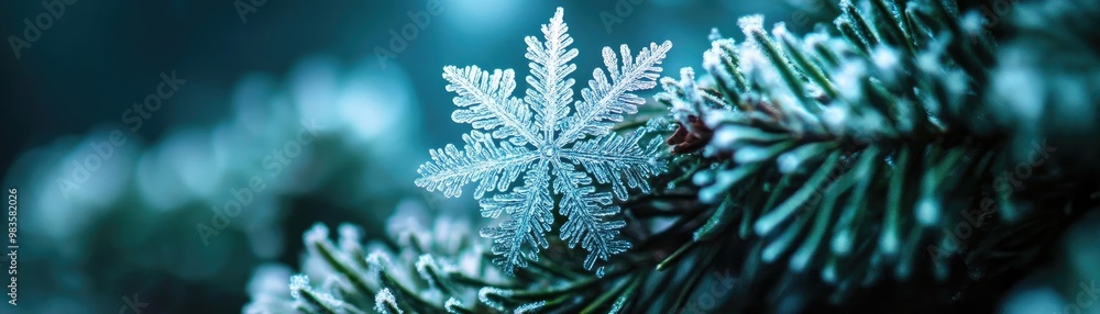 A close-up of a snowflake resting on a pine branch, showcasing intricate details and the serene beauty of winter. A close-up of a snowflake resting on a pine branch, showcasing intricate details and the serene beauty of winter.