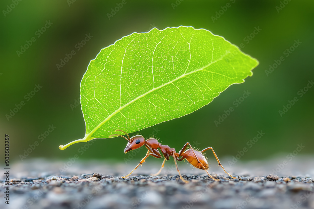 Close-up of a leafcutter ant carrying a large green leaf, showcasing its strength and teamwork in nature with a blurred green background Close-up of a leafcutter ant carrying a large green leaf, showcasing its strength and teamwork in nature with a blurred green background