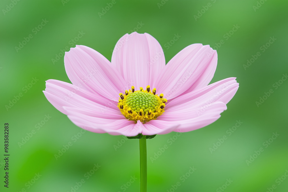 Pink flower in bloom, showcasing its yellow and green center against a blurred green background Pink flower in bloom, showcasing its yellow and green center against a blurred green background