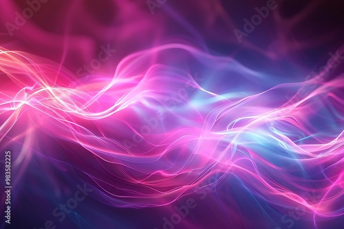 Abstract flowing waves of vibrant pink and blue light create a dynamic visual effect.