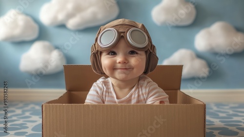 Baby girl in pilot hat and goggles in cardboard box 'airplane', cloud-painted wall photo