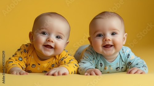 Twin babies in matching onesies having tummy time on yellow backdrop photo