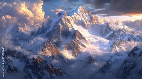 The famous Mont Blanc, the highest peak in the Alps, surrounded by snow-capped mountains.