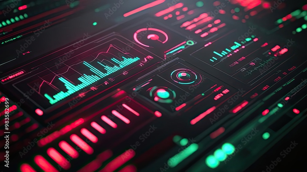 Futuristic digital interface with vibrant green and red accents displaying data visualization and interactive controls. Futuristic digital interface with vibrant green and red accents displaying data visualization and interactive controls.