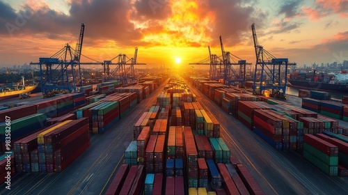 Container loading with crane at sunrise in the port