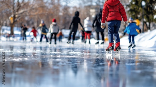 A group of children enjoying ice skating on a clear and reflective outdoor rink in a park setting, capturing the joyful essence of winter activities.