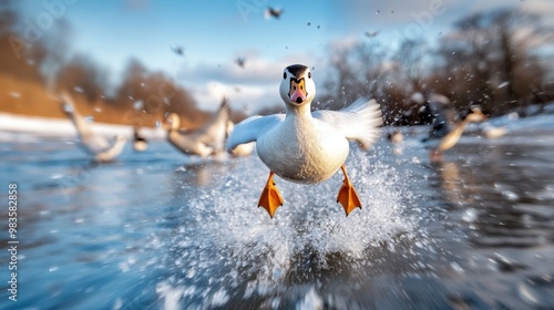 An energetic duck takes off from the water surface, creating splashes around, with other ducks in the background and clear skies above. photo