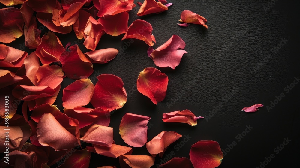 Elegant close up of delicate rose petals cascading on a black backdrop for romantic themes Elegant close up of delicate rose petals cascading on a black backdrop for romantic themes