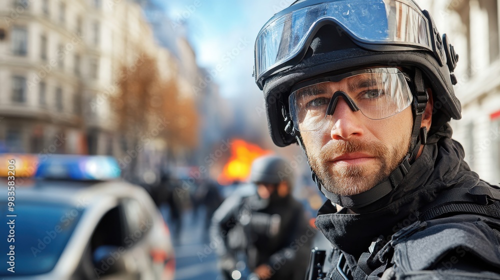 Police officers equipped with tactical gear responding to an urban incident with a burning car in the background, indicating a situation of unrest or emergency. Police officers equipped with tactical gear responding to an urban incident with a burning car in the background, indicating a situation of unrest or emergency.