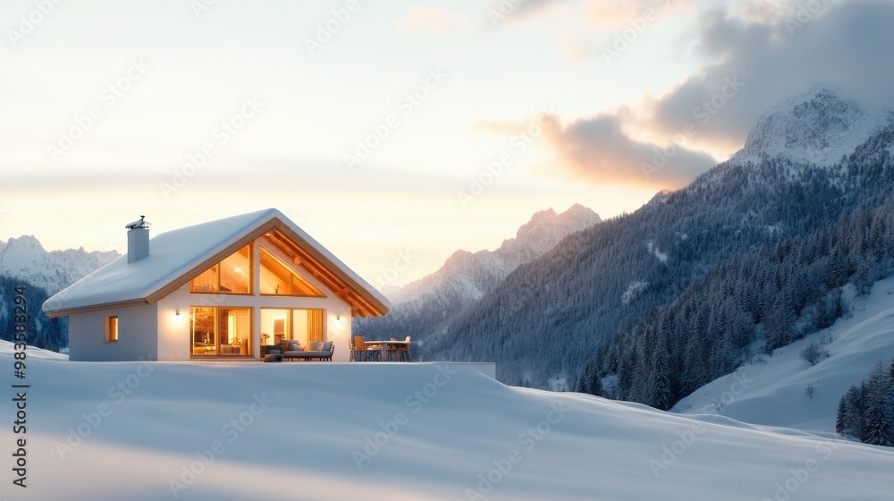 A charming cabin nestled in the snowy mountains at sunset, illuminated with warm lights, creating a picturesque winter scene with the majestic mountains in the background. A charming cabin nestled in the snowy mountains at sunset, illuminated with warm lights, creating a picturesque winter scene with the majestic mountains in the background.