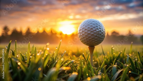 Tranquil scene of a golf ball on tee at sunrise with morning dew #983583416