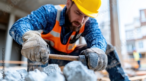 A construction worker in a safety vest and helmet uses a hammer to break rocks on a construction site, showcasing manual labor and safety precautions in the industry.