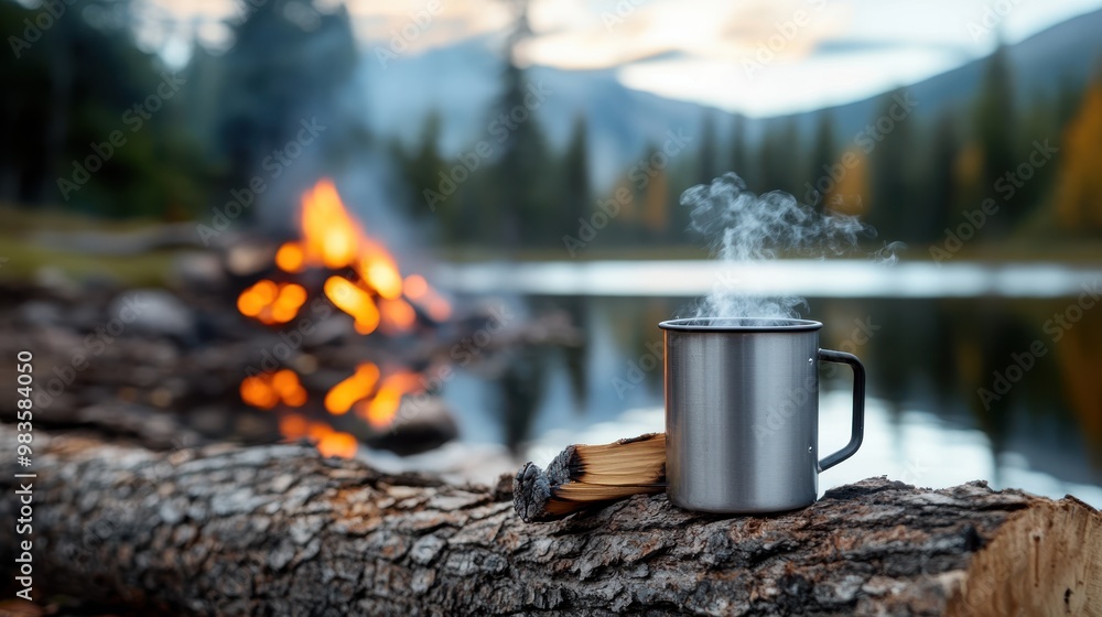 A steaming coffee mug sits on a log near a blazing campfire with its reflection shimmering on a calm lake, surrounded by mountains and enveloped in the tranquility of nature. A steaming coffee mug sits on a log near a blazing campfire with its reflection shimmering on a calm lake, surrounded by mountains and enveloped in the tranquility of nature.