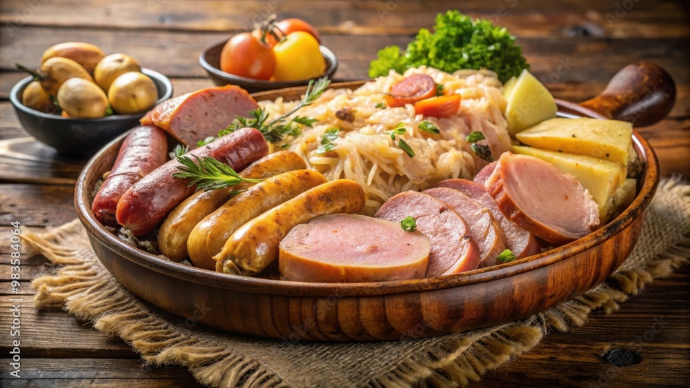 Traditional French choucroute garnie sour cabbage dish with assorted meats for food photography or recipe book cover Traditional French choucroute garnie sour cabbage dish with assorted meats for food photography or recipe book cover