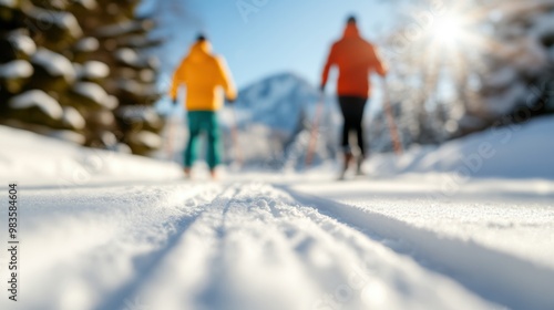 Two individuals skiing on a freshly groomed snowy path, with a stunning landscape of snow-capped mountains and pine trees, under a bright, clear winter sky.