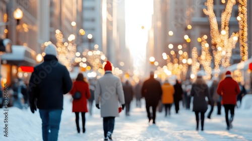 A bustling urban street scene depicting people warmly dressed, walking in the snow at dusk, surrounded by city lights and tall buildings adorned with festive decorations.