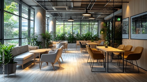 A modern coworking interior bathed in natural light, with a mix of private workstations and open collaborative spaces. The design incorporates light-colored furniture, greenery, and subtle decor