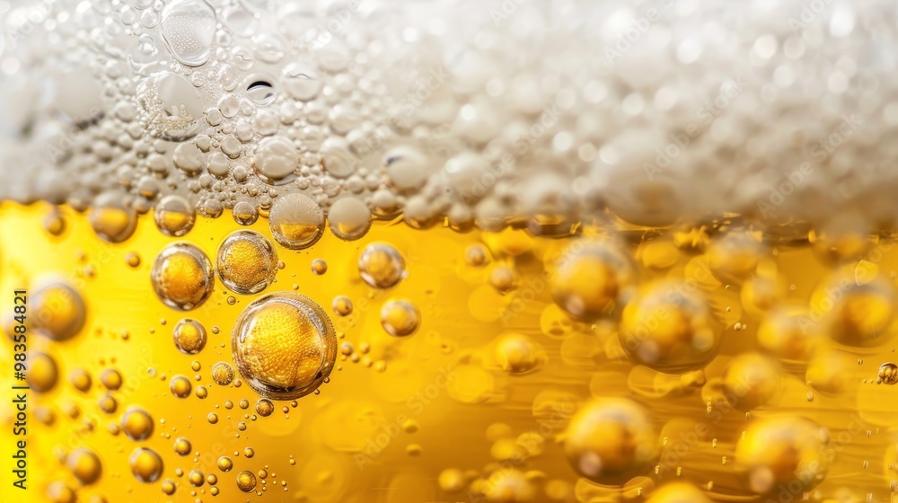 Close up of golden yellow beer in clear glass with creamy foam and refreshing bubbles Close up of golden yellow beer in clear glass with creamy foam and refreshing bubbles