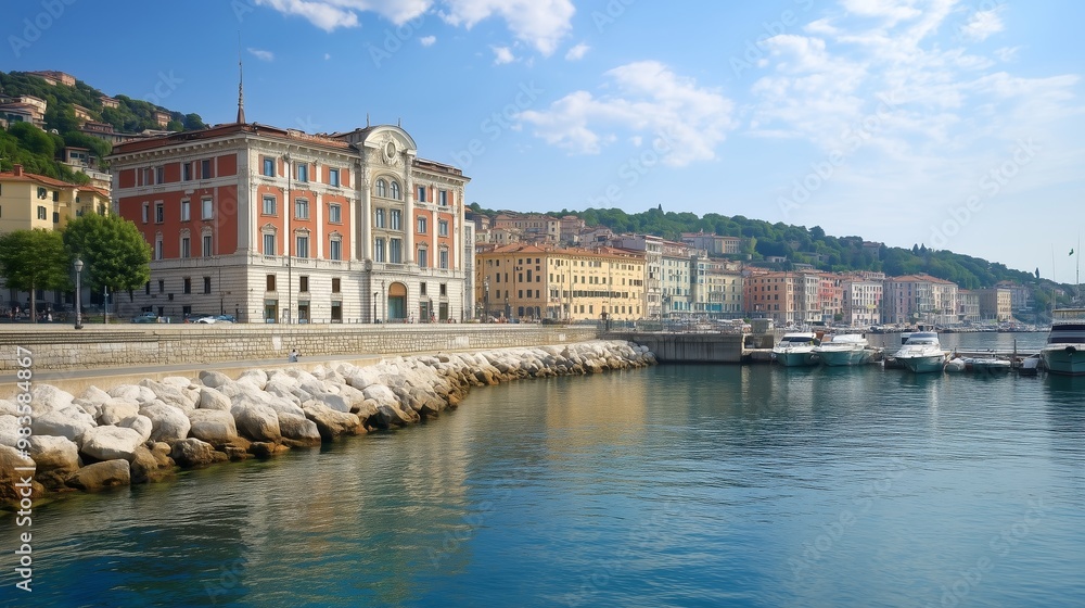 Naklejka premium Stunning coastal view of historic buildings along the waterfront in a picturesque town on a sunny day