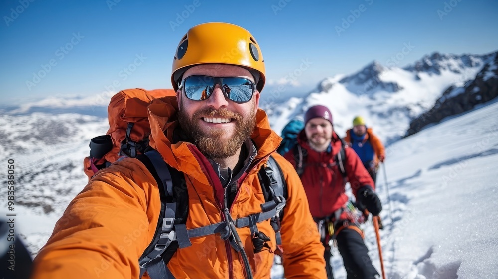 Three adventurous hikers, clad in vivid-colored winter gear, stand against a backdrop of scenic snowy mountains, exuding a sense of camaraderie and exploration. Three adventurous hikers, clad in vivid-colored winter gear, stand against a backdrop of scenic snowy mountains, exuding a sense of camaraderie and exploration.
