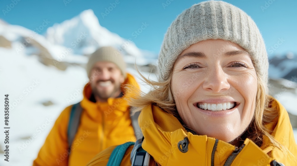 A woman in a yellow jacket and grey beanie beams with a bright smile as she hikes in the snowy mountains, representing joy, determination, and love for the outdoors. A woman in a yellow jacket and grey beanie beams with a bright smile as she hikes in the snowy mountains, representing joy, determination, and love for the outdoors.