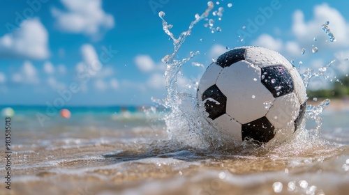 A soccer ball shatters the beach waters creating a sunny splash, under a bright blue sky, encapsulating the lively spirit of outdoor beach games. photo