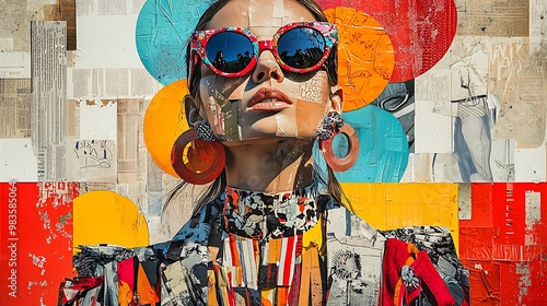 An abstract woman in sunglasses shines in red and yellow geometric flair.