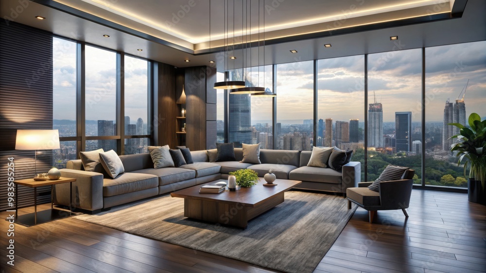 Dark modern style living room interior with panoramic view rendering for stock photo Dark modern style living room interior with panoramic view rendering for stock photo