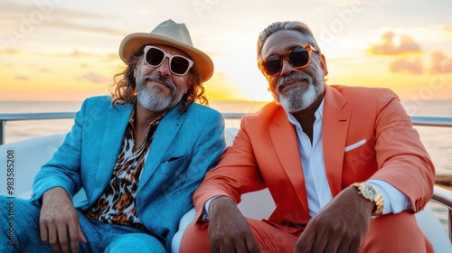 Two men dressed in stylish suits enjoy a luxurious and relaxing sunset cruise on a yacht, manifesting elegance and the joy of high-class leisure moments. photo