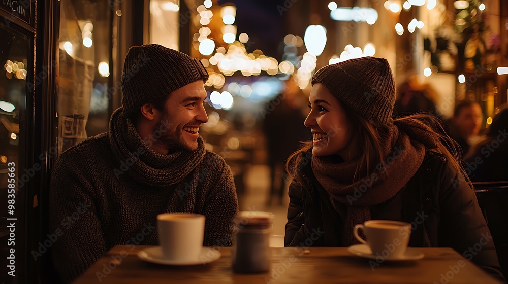 A happy couple enjoys a cozy coffee date, warmth and laughter filling the night air. A happy couple enjoys a cozy coffee date, warmth and laughter filling the night air.