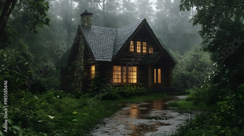 A cozy log cabin with warm lights glows in the misty woods, a path leading up to its welcoming entrance.