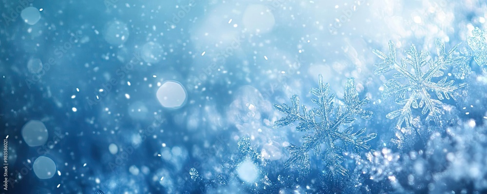 Captivating winter scene featuring delicate snowflakes and shimmering ice crystals against a cool blue backdrop. Captivating winter scene featuring delicate snowflakes and shimmering ice crystals against a cool blue backdrop.