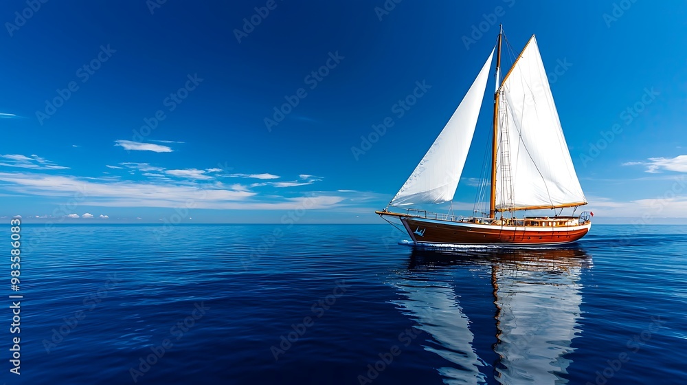 Fototapeta premium A sailboat drifts peacefully on a calm blue sea, with soft clouds floating overhead.