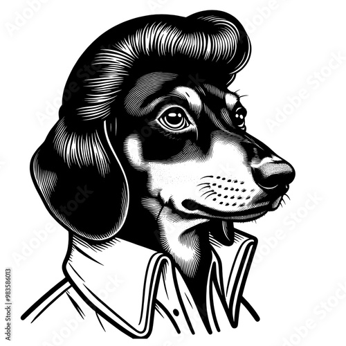 Funny portrait of a humanized dog in retro clothing. Hand-drawn vector sketch isolated on a white background.